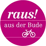 Magenta Button „raus! aus der Bude“ mit Fahrrad